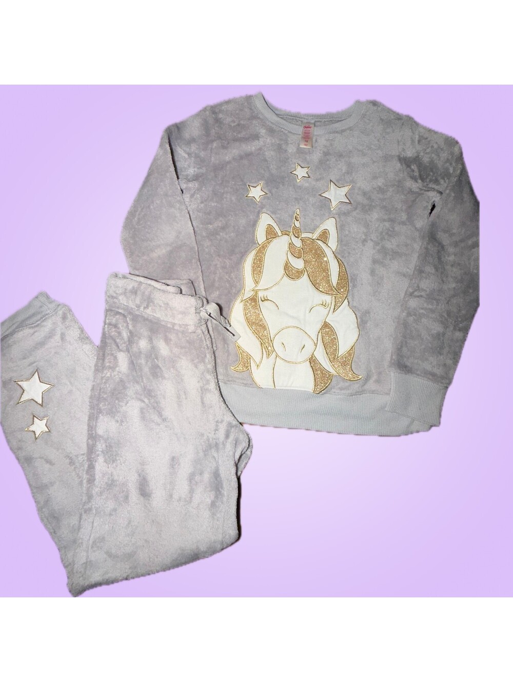 Justice Girls Size 10 Gray Plush Unicorn Sweater and Jogger Outfit